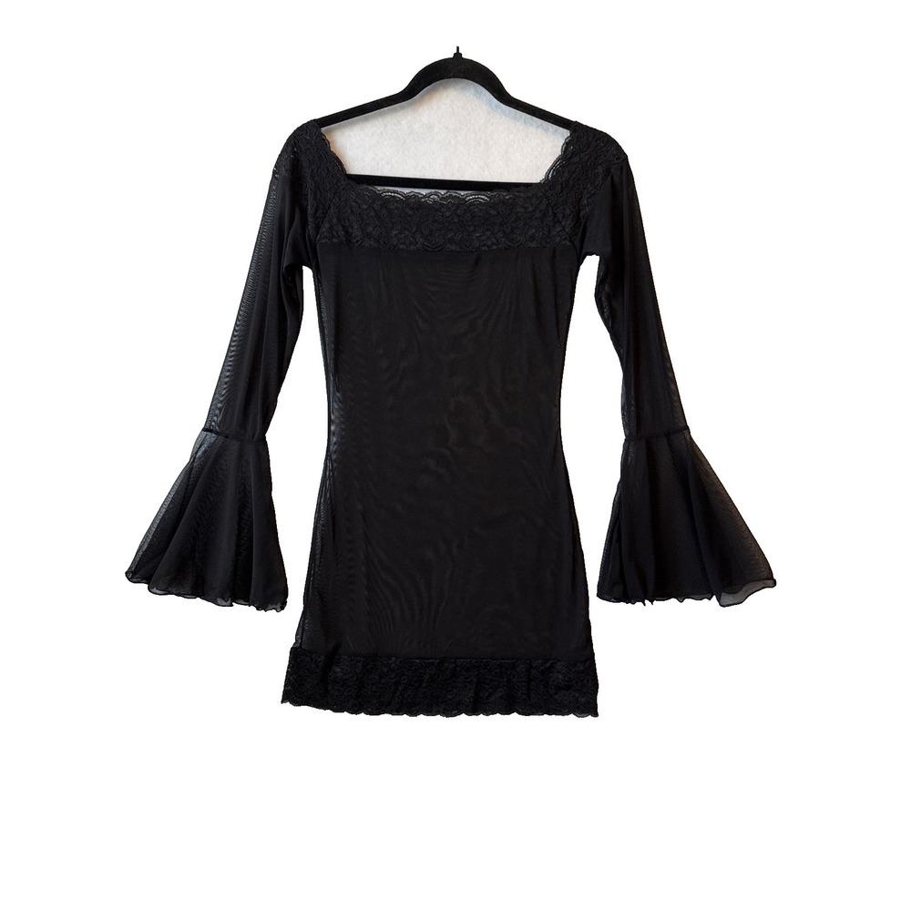Whimsigoth Sheer Mesh Lace Trim Bodycon Flare Sleeve Dress M Y2K Goth Vamp Sexy